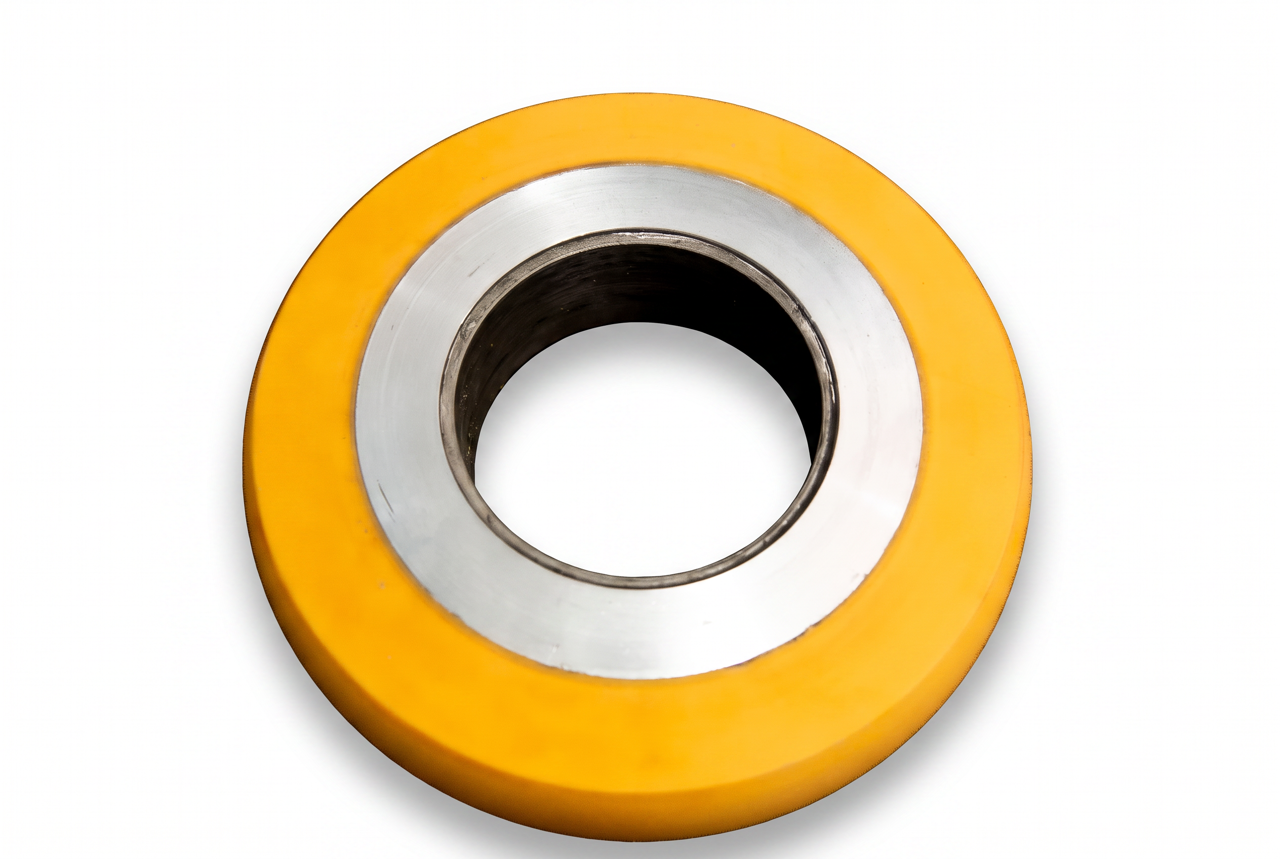 Roda em poliuretano amarelo com cubo de aço
